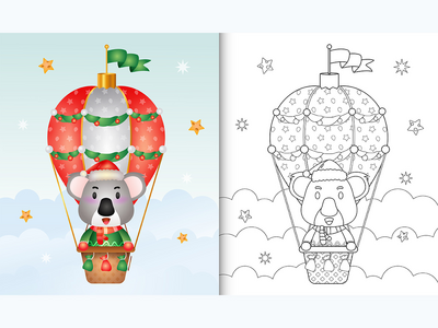 热气球上带有可爱考拉圣诞人物的着色书(coloring book with a cute koala christmas characters on hot air balloon)