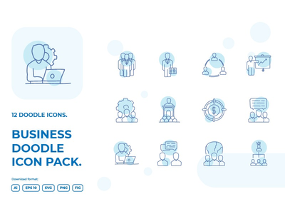 12 个业务团队合作涂鸦插图图标集(12 business teamwork doodle illustrations icon set)