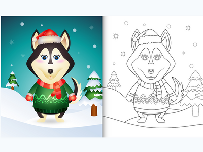 带有可爱的哈士奇狗圣诞人物的着色书(coloring book with a cute husky dog christmas characters)