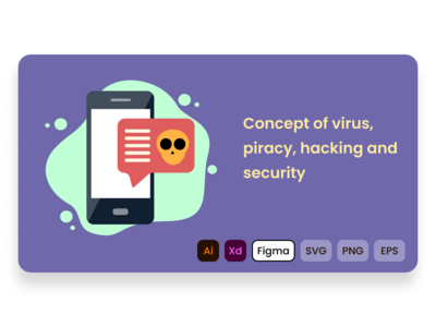 病毒、盗版、黑客攻击和安全的概念。平面设计理念。(Concept of virus, piracy, hacking and security. Flat design concept.)