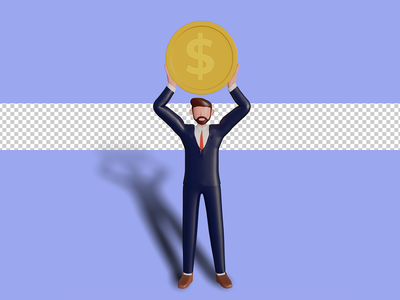 3d 男性角色举起一枚硬币。 Psd 溢价(3d male character holding up a coin. Psd Premium)
