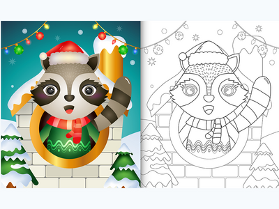 用圣诞帽和围巾为可爱的浣熊圣诞人物着色书(coloring book with a cute raccoon christmas characters using santa hat and scarf)