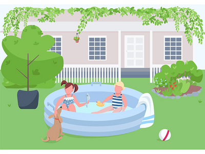 游泳池平面彩色矢量图中的儿童(Children in pool flat color vector illustration)