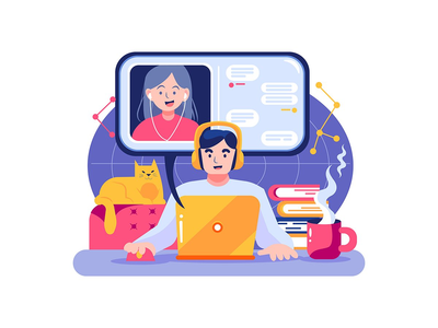 一个男孩和一个女孩正在通过他们的笔记本电脑进行在线会议(A boy and a girl are having online meeting by their laptop)