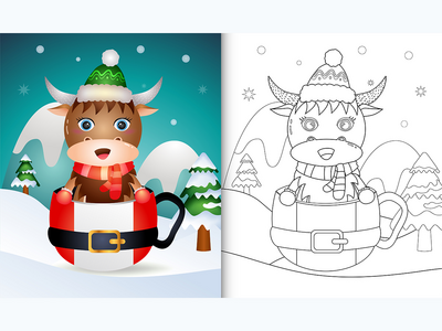 圣诞老人杯里有可爱的水牛圣诞人物的着色书(coloring book with a cute buffalo christmas characters  in the santa cup)