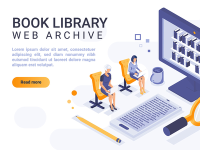 图书图书馆等距页眉平面概念(Book Library Isometric Header Flat Concept)