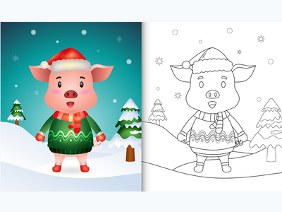 带有可爱猪圣诞人物的着色书(coloring book with a cute pig christmas characters)