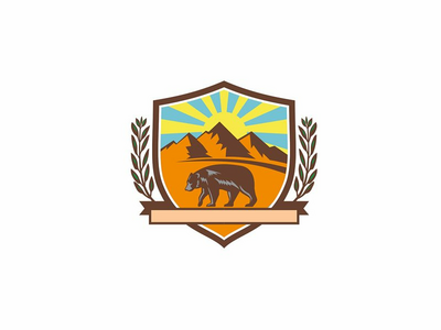 美国黑熊步行和山峰与鼠尾草植物复古(American Black Bear Walking and Mountains Crest with Sage Herb Plant Retro)