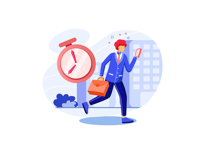 商人上班，迟到的人使用智能手机。(Businessmen go to work, late person using smartphone.)