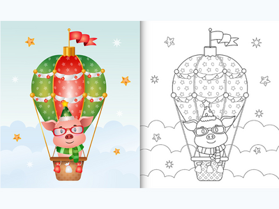 用热气球上可爱的猪圣诞人物着色书(coloring book with a cute pig christmas characters on hot air balloon)