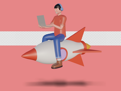 火箭上远程工作场景图形的 3d 插图(3d Illustration of Remote Working Scenes Graphic on rocket)