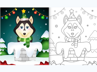 用帽子和围巾在烟囱里为可爱的哈士奇狗着色书(coloring book for kids with a cute husky dog using hat and scarf in chimney)