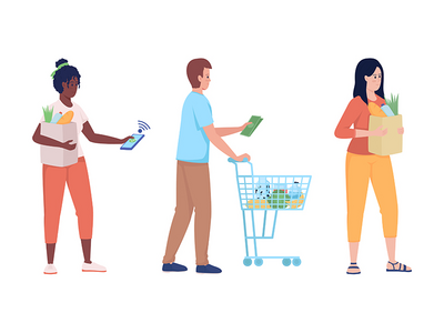 排队半平面彩色矢量字符中的买家(Buyers in queue semi flat color vector characters)