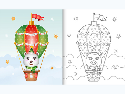用热气球上可爱的北极熊圣诞人物着色书(coloring book with a cute polar bear christmas characters on hot air balloon)