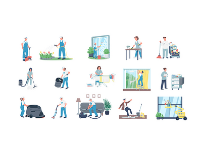 清洁剂平面颜色矢量不露面字符集(Cleaners flat color vector faceless characters set)