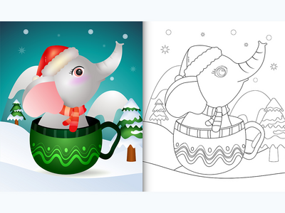 着色书，杯子里有可爱的大象圣诞人物(coloring book with a cute elephant christmas characters  in the cup)