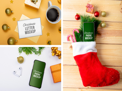 圣诞信函和电话样机套装(Christmas Letter & Phone Mockup Set)