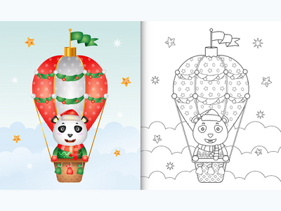 热气球上带有可爱熊猫圣诞人物的着色书(coloring book with a cute panda christmas characters on hot air balloon)