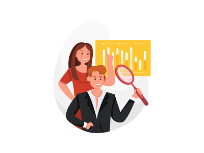 女商人和男人测量数据、指标(Business woman and man measure datas, indicators)