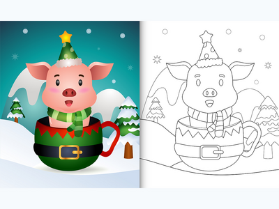 精灵杯中带有可爱猪圣诞人物的着色书(coloring book with a cute pig christmas characters in the elf cup)