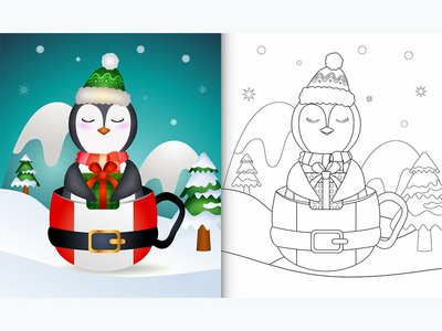 圣诞老人杯中带有可爱企鹅圣诞人物的着色书(coloring book with a cute penguin christmas characters in the santa cup)