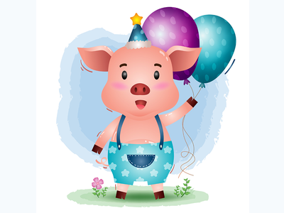 一只可爱的猪，戴着生日帽，拿着气球(a cute pig using birthday hat and holds balloon)