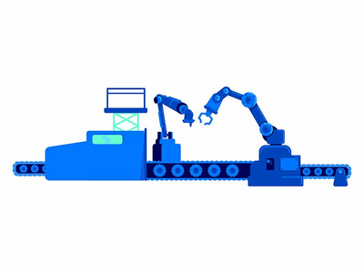 具有工业机械臂半平面彩色矢量对象的装配线(Assembly line with industrial robotic arms semi flat color vector object)