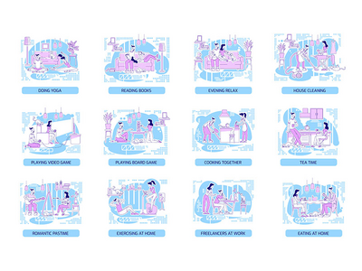 情侣粘合平面剪影矢量插图集(Couple bonding flat silhouette vector illustrations set)