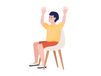 男孩用手举起半平面彩色矢量字符(Boy with his hands up semi flat color vector character)