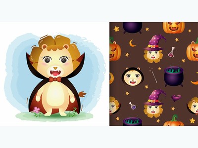 一只可爱的狮子，带着德古拉服装万圣节人物无缝图案(a cute lion with dracula costume halloween character seamless pattern)