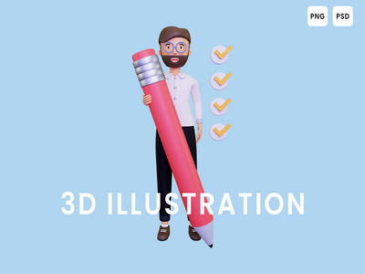 3d 男性用铅笔检查列表(3d Male checks the list with a pencil)