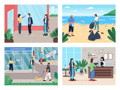 电晕病毒规则平面彩色矢量插图集(Corona virus rules flat color vector illustration set)