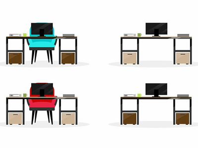 计算机表平面颜色矢量对象集(Computer table flat color vector objects set)