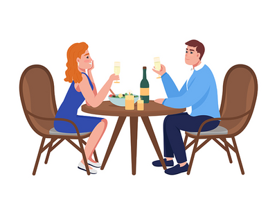 情侣在浪漫晚餐半平面彩色矢量字符(Couple at romantic dinner semi flat color vector characters)