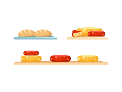 奶酪和面包显示平面颜色矢量对象集(Cheese and bread display flat color vector objects set)