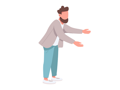 大胡子男子向前伸展双臂半平面彩色矢量字符(Bearded man stretching arms forward semi flat color vector character)