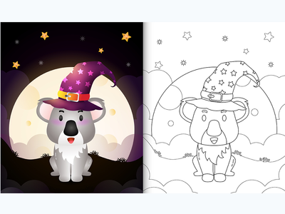 着色书与可爱的卡通万圣节女巫考拉在月亮前(coloring book with a cute cartoon halloween witch koala front the moon)