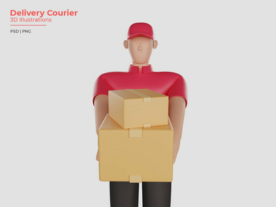 一名身穿红色衬衫的送货员拿着客户货物的 3d 插图(3d illustration of a delivery man wearing a red shirt holding a customer's goods)