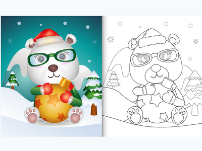 带有可爱北极熊拥抱圣诞球的着色书(coloring book with a cute polar bear hug christmas ball)