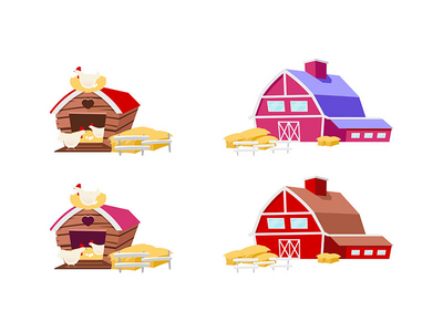 谷仓和鸡舍平面颜色矢量对象集(Barns and chicken coops flat color vector objects set)