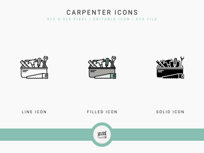 木匠图标设置矢量图和实线图标线条样式(Carpenter icons set vector illustration with solid icon line style)