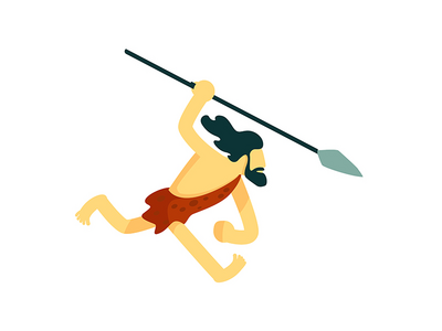 具有长矛半平面彩色矢量字符的古人(Ancient human with spear semi flat color vector character)