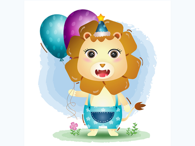 一只可爱的狮子，戴着生日帽，拿着气球(a cute lion using birthday hat and holds balloon)
