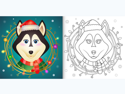 用树枝装饰的可爱哈士奇狗着色书(coloring book with a cute husky dog with twigs decoration)