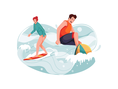 成年男女在冲浪板上乘风破浪(Adult Man and Woman Riding Waves on Surfboard)