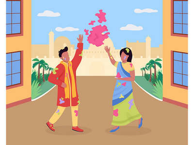 庆祝洒红节平面彩色矢量插图(Celebrating Holi festival flat color vector illustration)