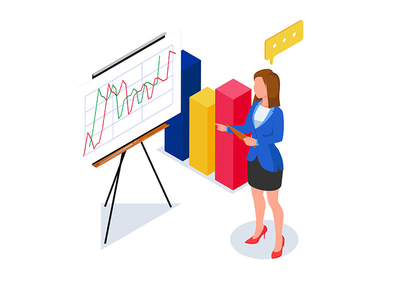 女商人用 3d 图表做演示。矢量图(Businesswoman do presentation with 3d chart. Vector Illustration)