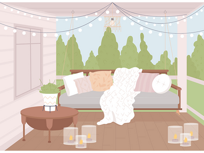 舒适的家门廊平面彩色矢量图(Cozy home porch flat color vector illustration)
