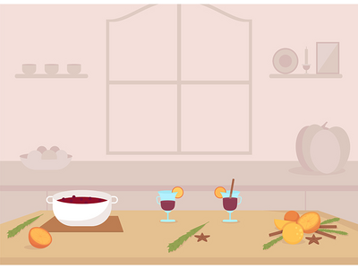 烹调热红酒平彩矢量图(Cooking mulled wine flat color vector illustration)