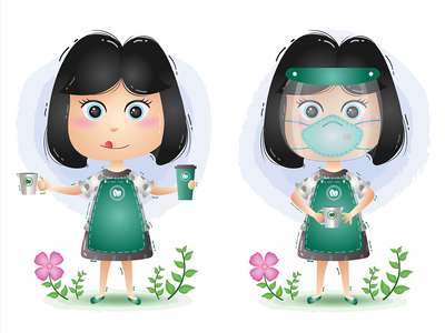 可爱的咖啡师女孩正在用面罩和面具煮咖啡(Cute barista girl is making coffee using face shield and mask)